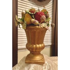 Beautiful Vintage Gold Urn Faux Sugared Fruit Frosted Beaded Grapes Pears Plums